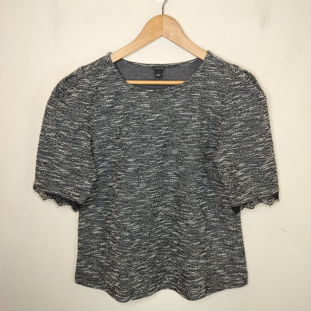 Ann Taylor Top Tweed Metallic Knit Lace Trim Short Sleeve